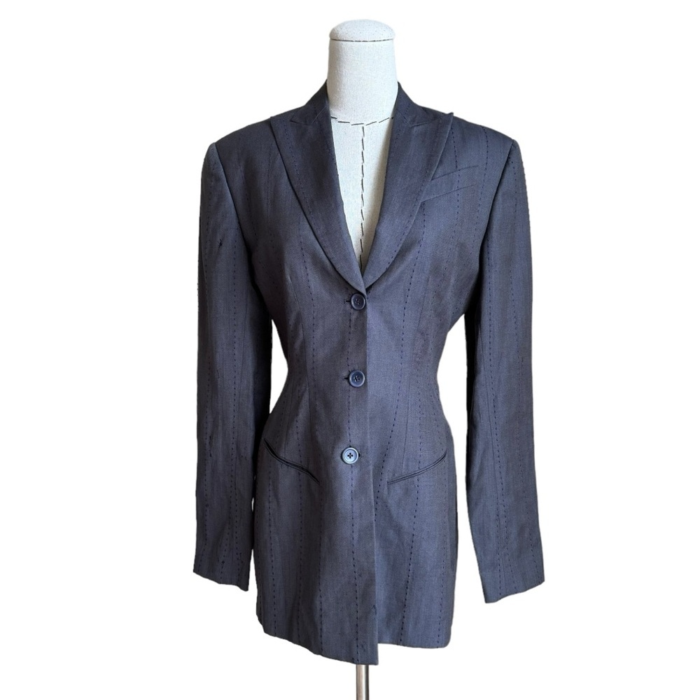 Vintage 90s Richard Tyler Pinstripe Grey Linen Wool Jacket Blazer Size 8